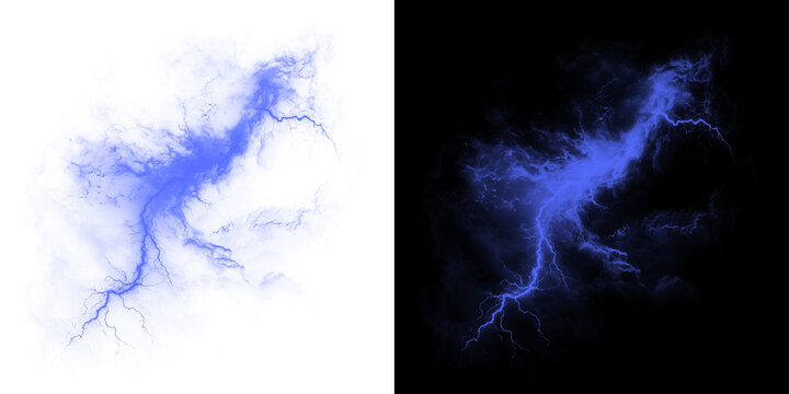 Png of blue lightning bolt with electric discharge and glowing clouds isolated on transparent background