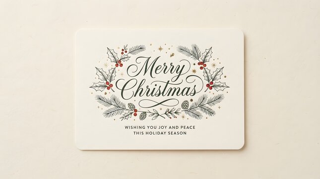 Elegant christmas greeting card with festive holly, pine branches, and pinecones, featuring a classic calligraphic merry christmas message isolated on white background