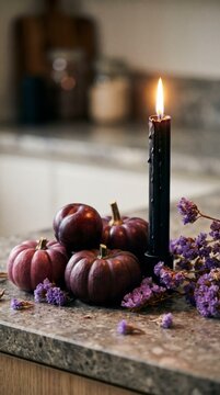 Deep aubergine pumpkins beside dripping black candle and dried purple flowers