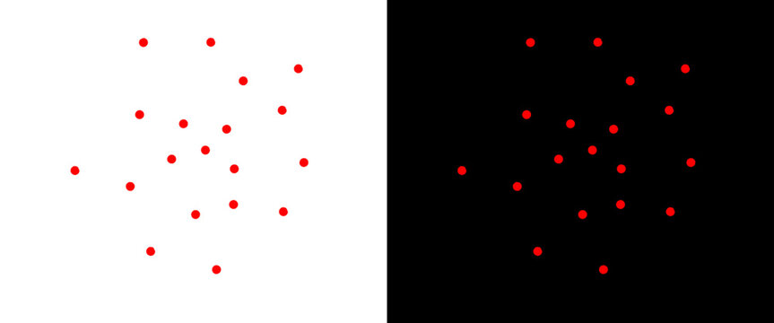 Minimalist red dots pattern on white and black backgrounds, abstract geometric point distribution, simple circular spot texture for modern design