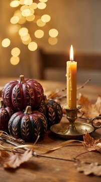 Carved patterned pumpkins beside brass candlestick on rustic table with bokeh lights