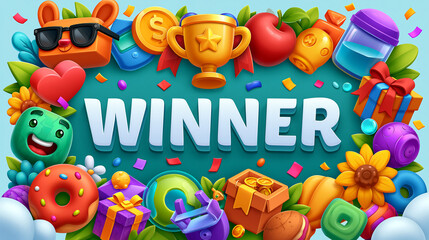 Fototapeta premium Colorful animation featuring a 'Winner' theme with fun characters and prizes.