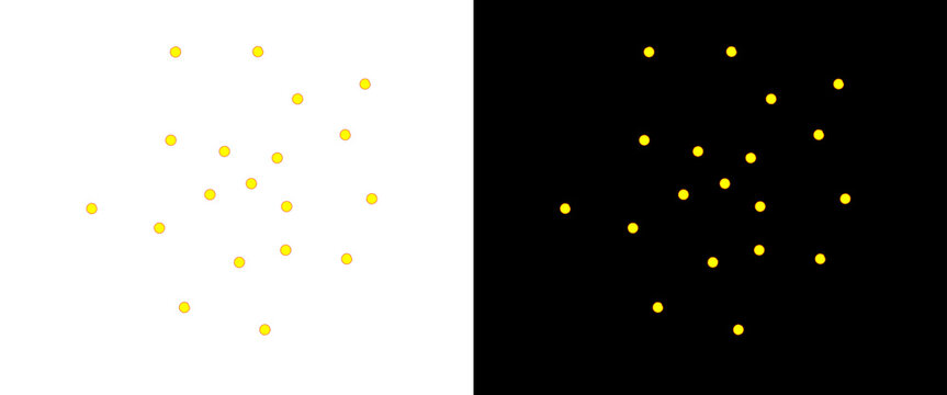 Golden glowing bokeh dots on white and black background, set of 20 sparkling light particles, yellow glitter dust spots for luxury design