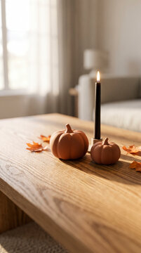 Minimal terracotta pumpkins beside black candle on sunlit wooden coffee table