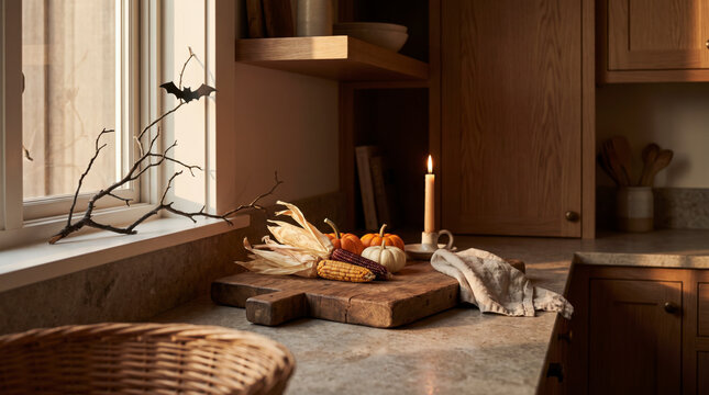 Dried corn husks beside candle and mini pumpkins on rustic kitchen cutting board