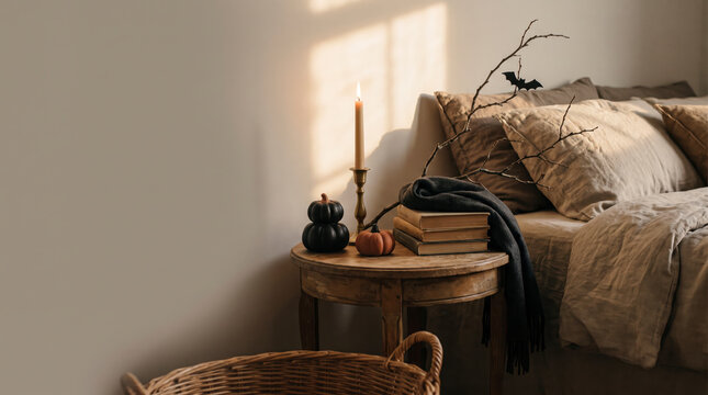 Stacked black pumpkins beside candle and books on cozy bedside table with throw