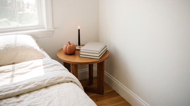 Terracotta pumpkin beside black candle and books on round wooden bedside table