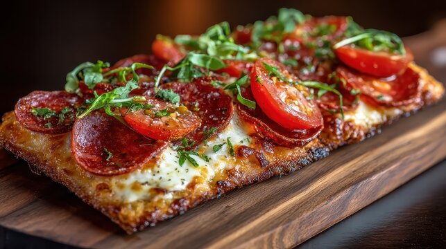 Crispy rectangular flatbread pizza is topped with pepperoni and tomatoes. This delicious artisan dish is prepared for an Italian gourmet dinner.