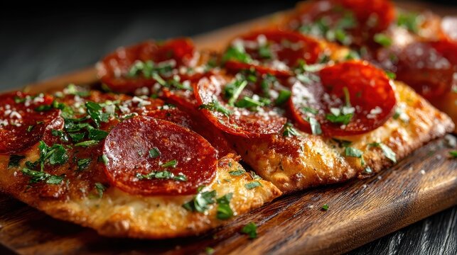 Crispy pepperoni flatbread pizza with melted cheese is served on wood. This delicious snack is ideal for restaurant promotions and food marketing.