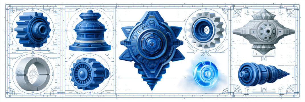 An array of blue mechanical gears and components on a blueprint background.