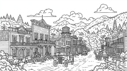 Obraz premium Charming vintage Western town scene with classic cars and horse-drawn carriages.