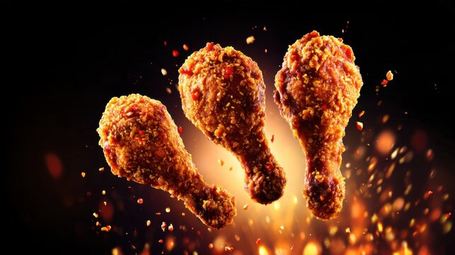 Three crispy, golden-brown chicken drumsticks appear against a dark, fiery background