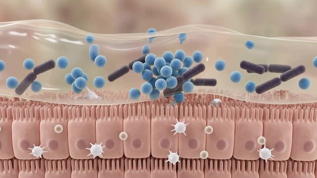 Microscopic illustration of intestinal barrier protection, probiotics blocking harmful pathogens, healthy digestive cells beneath protective mucus layer, immunology and immune system concept, 4K video