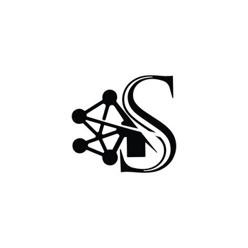 PrintBlack and White Letter S with Connected Network Technology Symbol