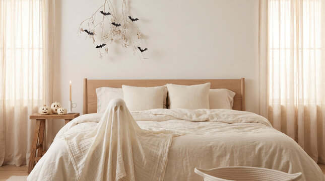 Whimsical cloth ghost seated on bed beside jack-o-lanterns and branch with bats