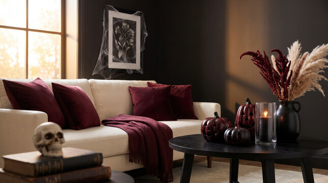 Burgundy jack-o-lanterns beside skull and candle in moody living room with books