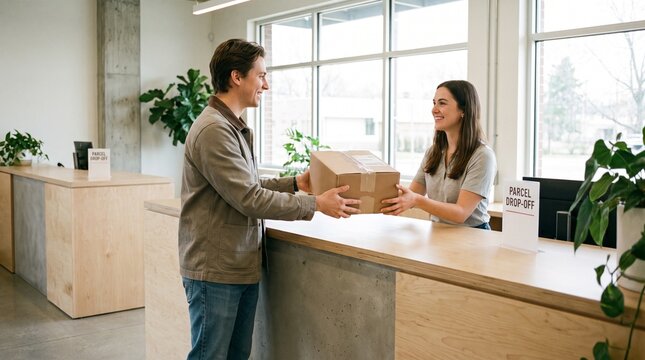 Man hands a package to a woman at a parcel drop-off counter
