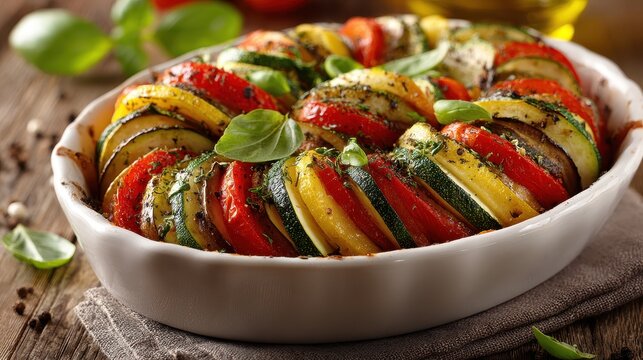 Traditional French ratatouille is baked in a white ceramic dish. This colorful meal idea is great for healthy vegetarian cooking blogs.