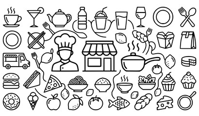 Fototapeta premium Modern Food and Drink Outline Icon Collection – Restaurant, Cooking and Beverage Linear Symbols