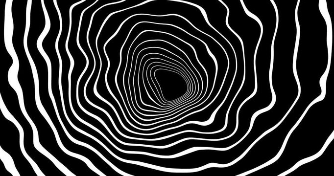 hypnotic black and white abstract optical illusion, swirling vortex pattern creates dizzying sense of depth and motion.