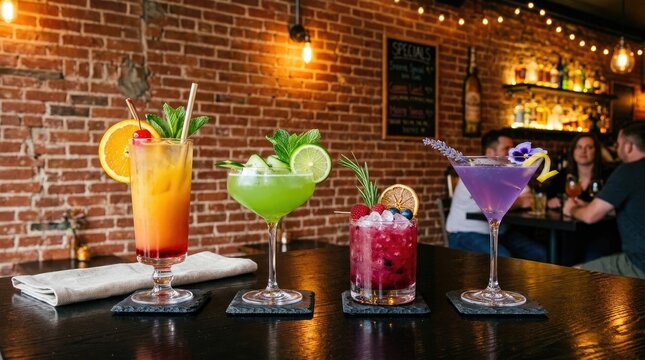A bartender displays four colorful cocktails on a dark wooden bar top. The cocktails are arranged on square coasters and garnished with fresh fruit and herbs.