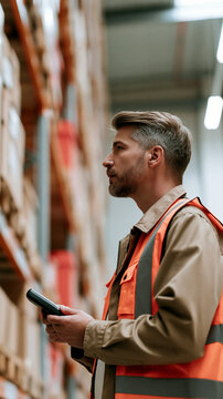 Warehouse worker in safety vest scanning inventory with handheld device, checking stock among shelves in logistics center.