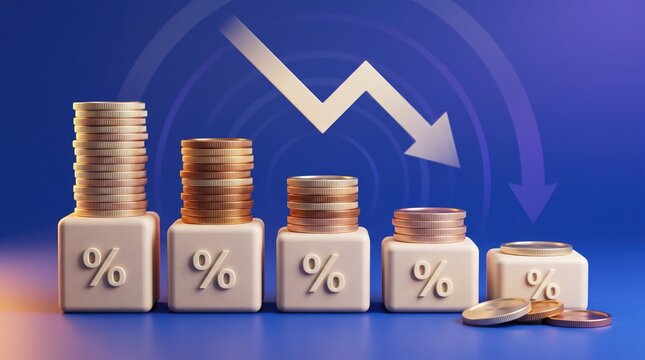 Stacks of golden coins resting on white percentage cubes arranged in a descending chart formation underneath a glowing downward pointing arrow against a smooth and deep dark blue studio background
