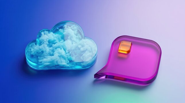 Floating glass cloud icon paired with a purple speech bubble featuring an orange square accent in a vibrant three-dimensional digital art style render set against a smooth gradient background surface.