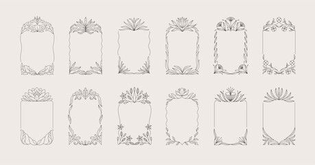 Obraz premium Set of floral boho frames. Delicate botanical branch flowers and leaves, intricate hand drawn details. Botanical vector illustration for invitation, save the date card or book