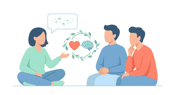 World mental health day support group with heart and brain icon