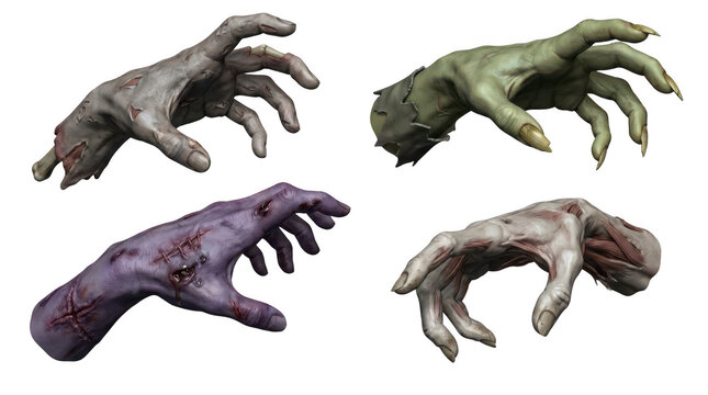Collection of four different stylized zombie hands isolated on transparent background