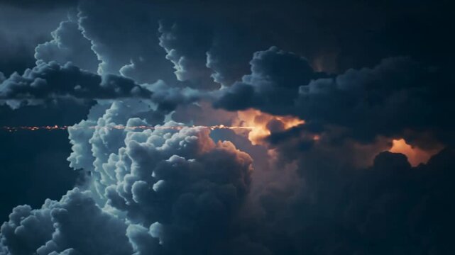 Traveling bright projectile entering from left, lighting storm clouds and creating glowing cavity