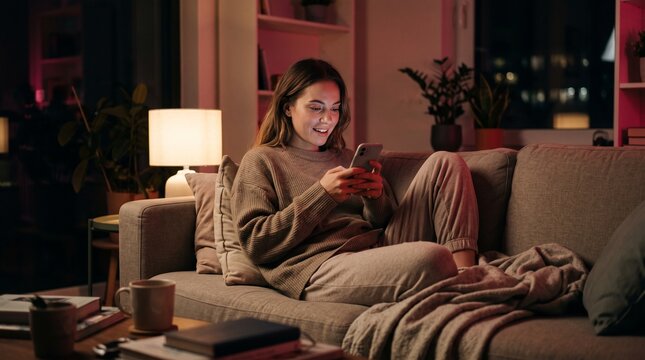 Young woman relaxing on a couch while browsing her smartphone at night