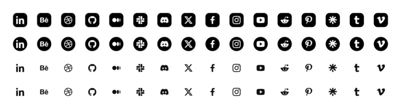 Social media platform logo collection with LinkedIn, Behance, X and Facebook, black, white, circle, square and outline app buttons for web and mobile, vector illustration