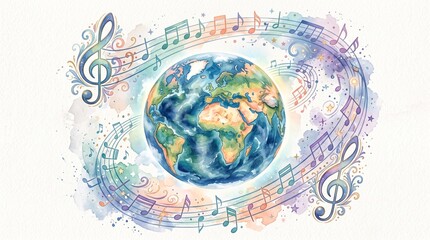 Obraz premium A watercolor illustration of planet Earth surrounded by flowing musical staves, notes, and treble clefs on a white background, representing the universal language of music and global harmony.