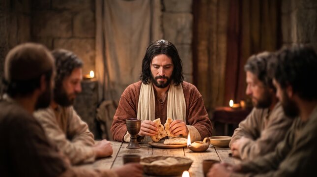 Jesus Christ breaks bread with his disciples during the Last Supper in a dramatic candlelit biblical scene