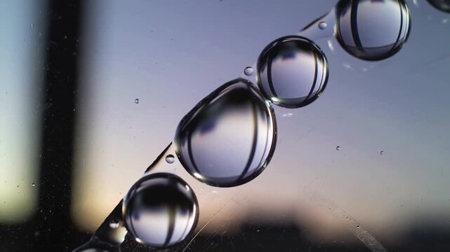 Showing spherical droplets enlarging and sliding on curved strip on window at sunrise, with frame