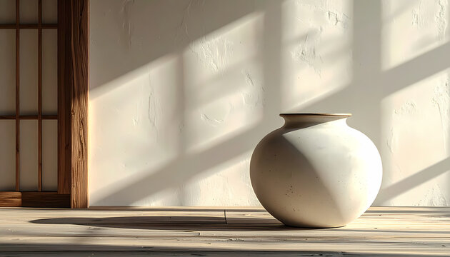 Traditional Korean white ceramic moon jar on wooden floor in serene hanok room with warm window light shadow and copy space