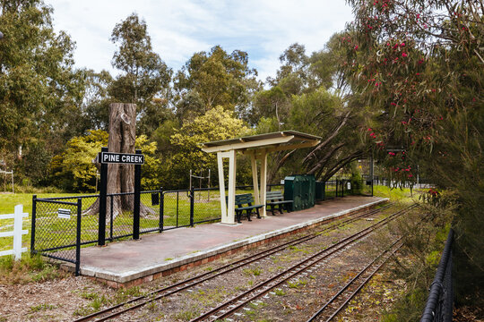 Miniature railway tracks and Pine Creek station platform at Diamond Valley Railway Eltham Australia