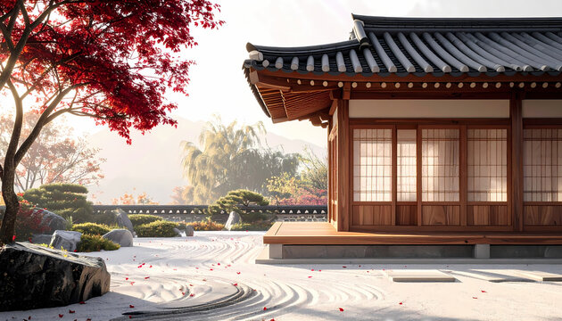 Traditional Korean hanok pavilion in autumn garden with red maple tree and raked zen sand under bright sunlight with copy space