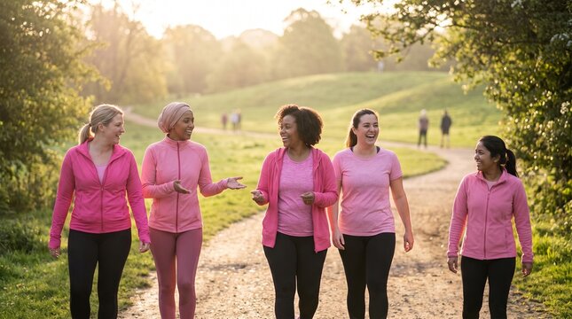 Diverse group of women in pink walking together outdoors at sunset