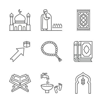 Islamic icons set featuring mosque prayer mat quran rosary wudu ablution symbols depicted in minimal black line art style graphics