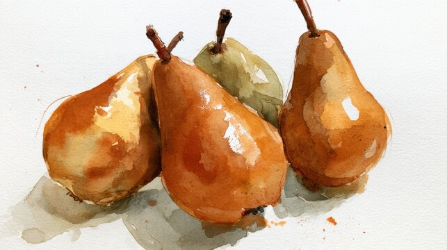Three loose gestural pears in warm amber and sage green sit on a white background. The brushwork shows texture and life in the fruit.