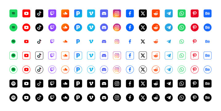 Creator social media logo icon set with Spotify, YouTube, X and Reddit, color, monochrome, circle, square and outline app buttons for streaming and mobile, vector illustration