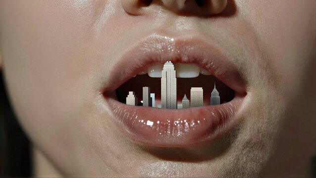 Open mouths reveal miniature cityscapes, symbolizing urban dreams within human expression.