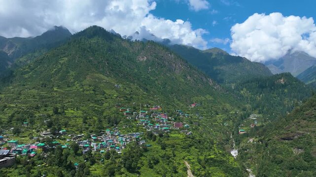 Aerial Hyperlapse showing mesmerising Tosh Village, Kheerganga and Parvati valley in Himachal Pradesh, India.