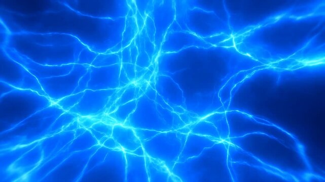 Blue electric lightning network pulses and spreads across dark abstract background