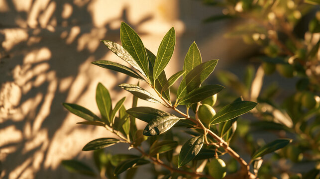Green olive tree branches illuminated by golden sunset light with olive branch