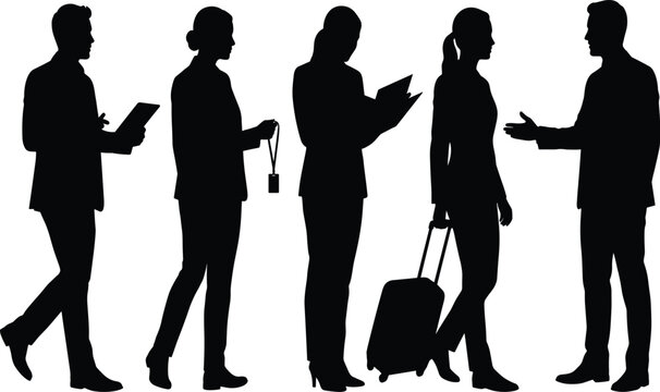 Professional Business Silhouettes Depicting Communication, Travel, Documentation, and Workplace Interaction ConceptsProfessional Business Silhouettes Depicting Communication, Travel, Documentation, 