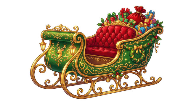 An ornate and festive christmas sleigh filled with wrapped gifts and holiday decorations isolated on transparent background